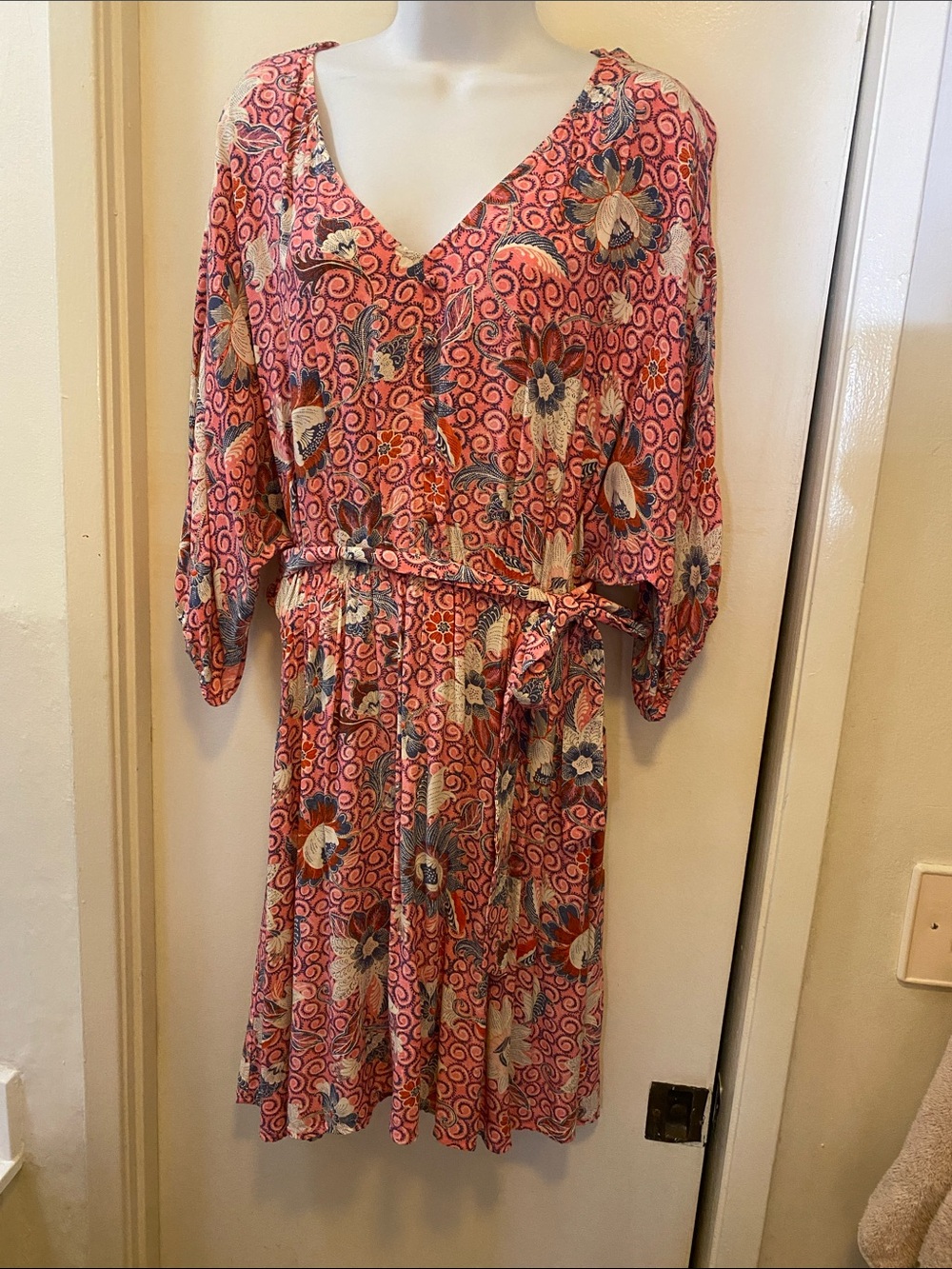 LOFT Pink Floral V-Neck Midi Dress with Tie Waist